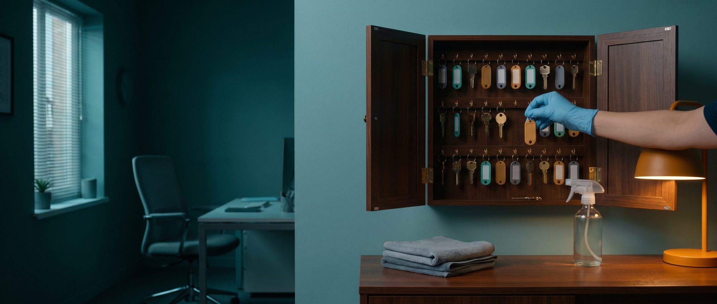 An open wooden key cabinet in a cleaning company's office, rows of client house keys on colored tags, a blue-gloved hand hanging a new tag on an empty hook