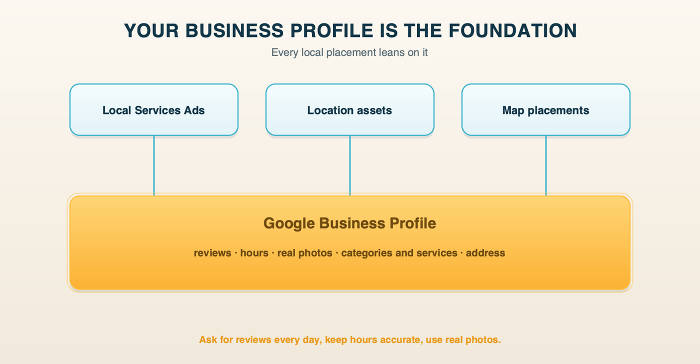 Google Business Profile as the foundation: reviews, hours, photos, categories and address feed Local Services Ads, location assets and map placements