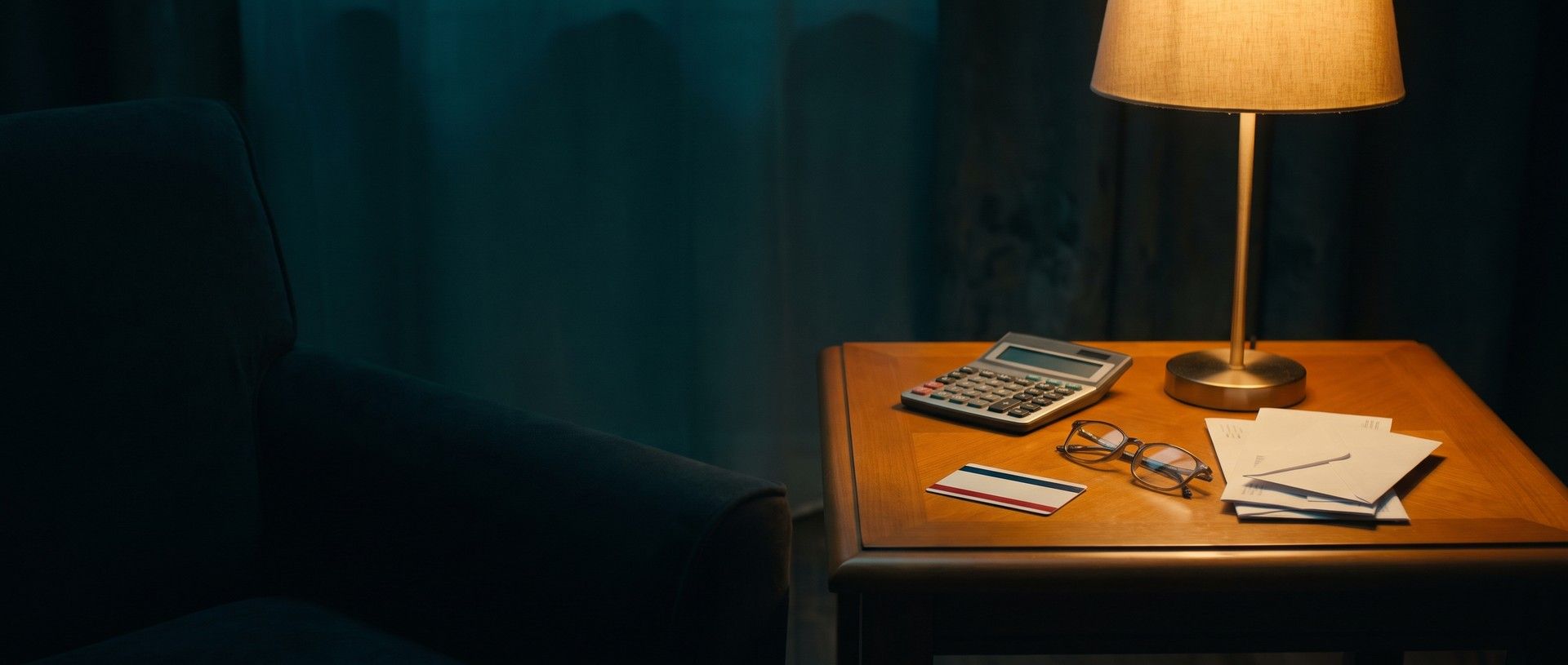 A lamp-lit side table beside an armchair at night with a calculator, reading glasses, a small stack of envelopes and a blank striped insurance-style card
