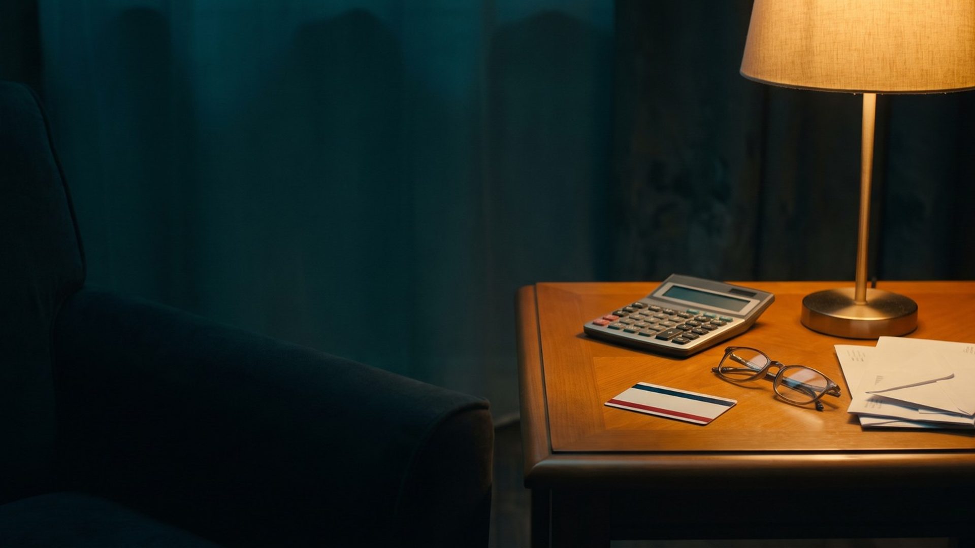A lamp-lit side table beside an armchair at night with a calculator, reading glasses, a small stack of envelopes and a blank striped insurance-style card