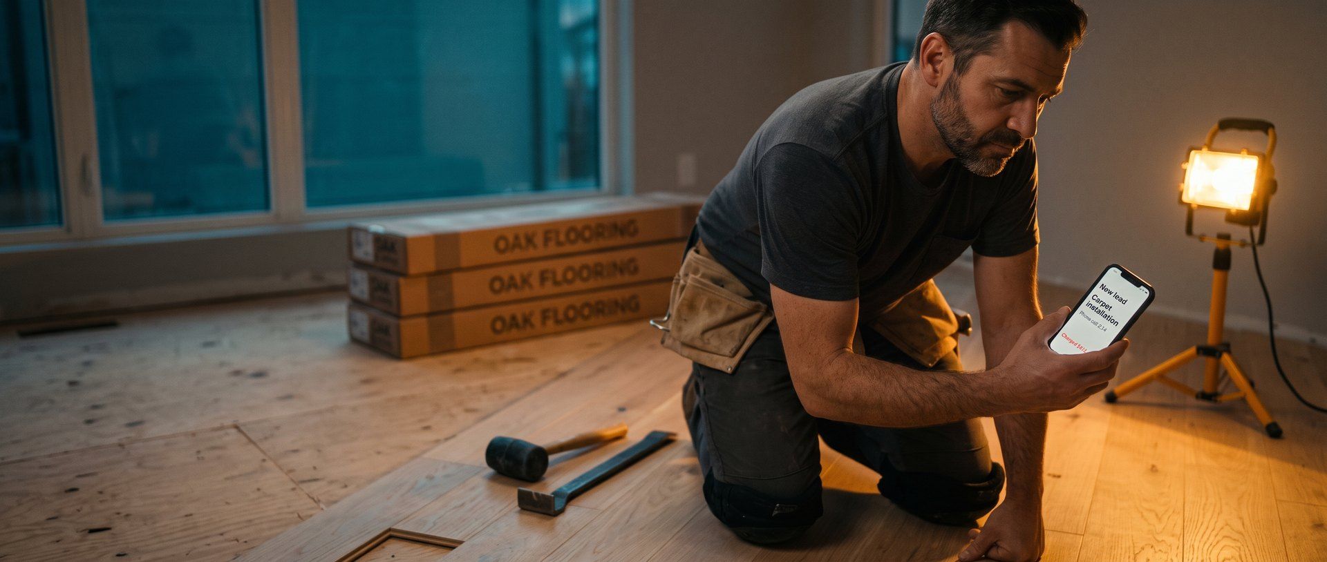 A hardwood floor installer kneeling on a half-laid oak floor at dusk, reading a new lead for carpet installation on his phone, with boxes of oak flooring and a work light around him