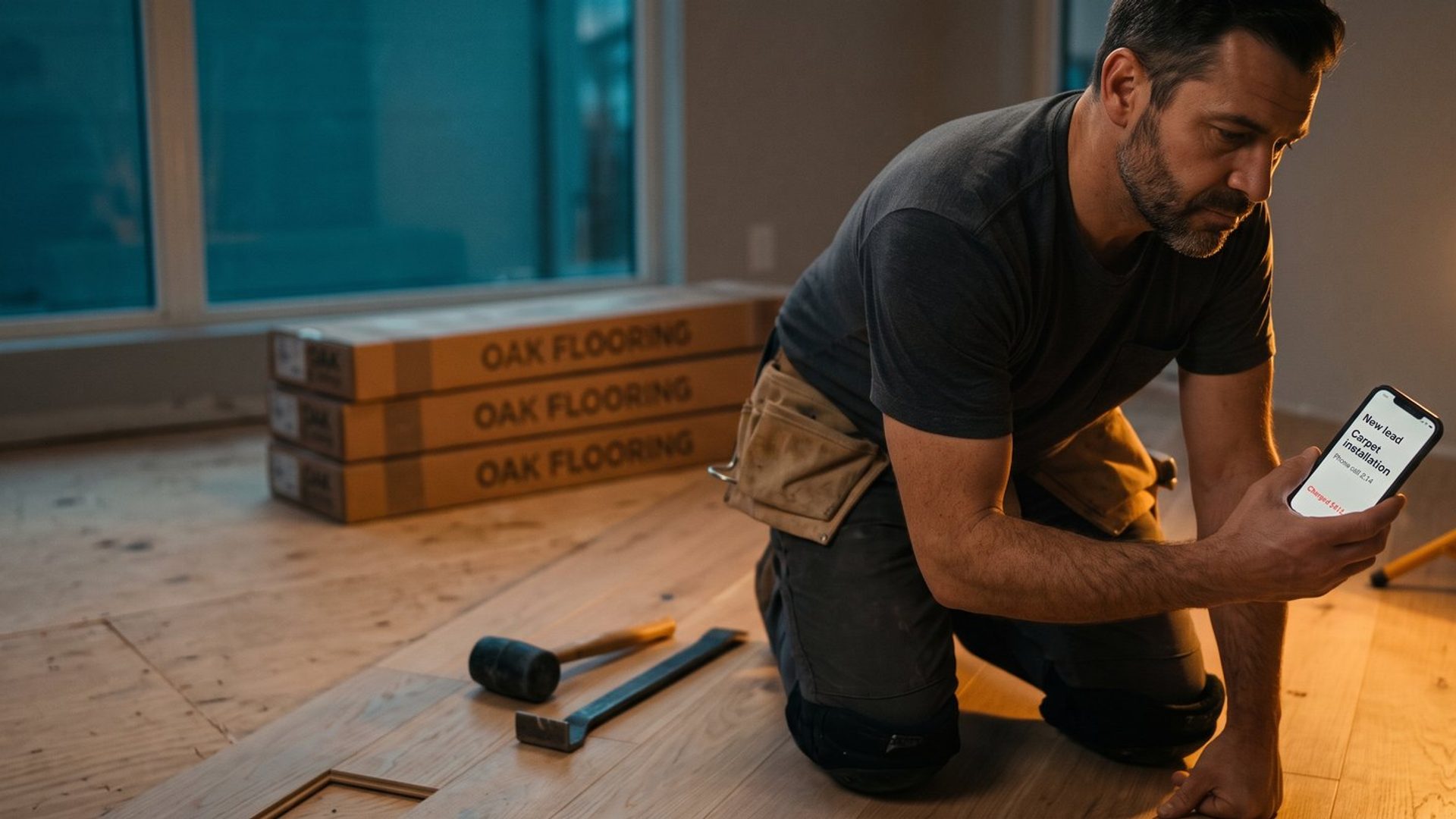 A hardwood floor installer kneeling on a half-laid oak floor at dusk, reading a new lead for carpet installation on his phone, with boxes of oak flooring and a work light around him