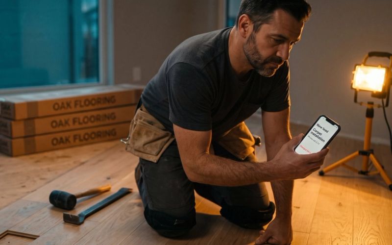 A hardwood floor installer kneeling on a half-laid oak floor at dusk, reading a new lead for carpet installation on his phone, with boxes of oak flooring and a work light around him
