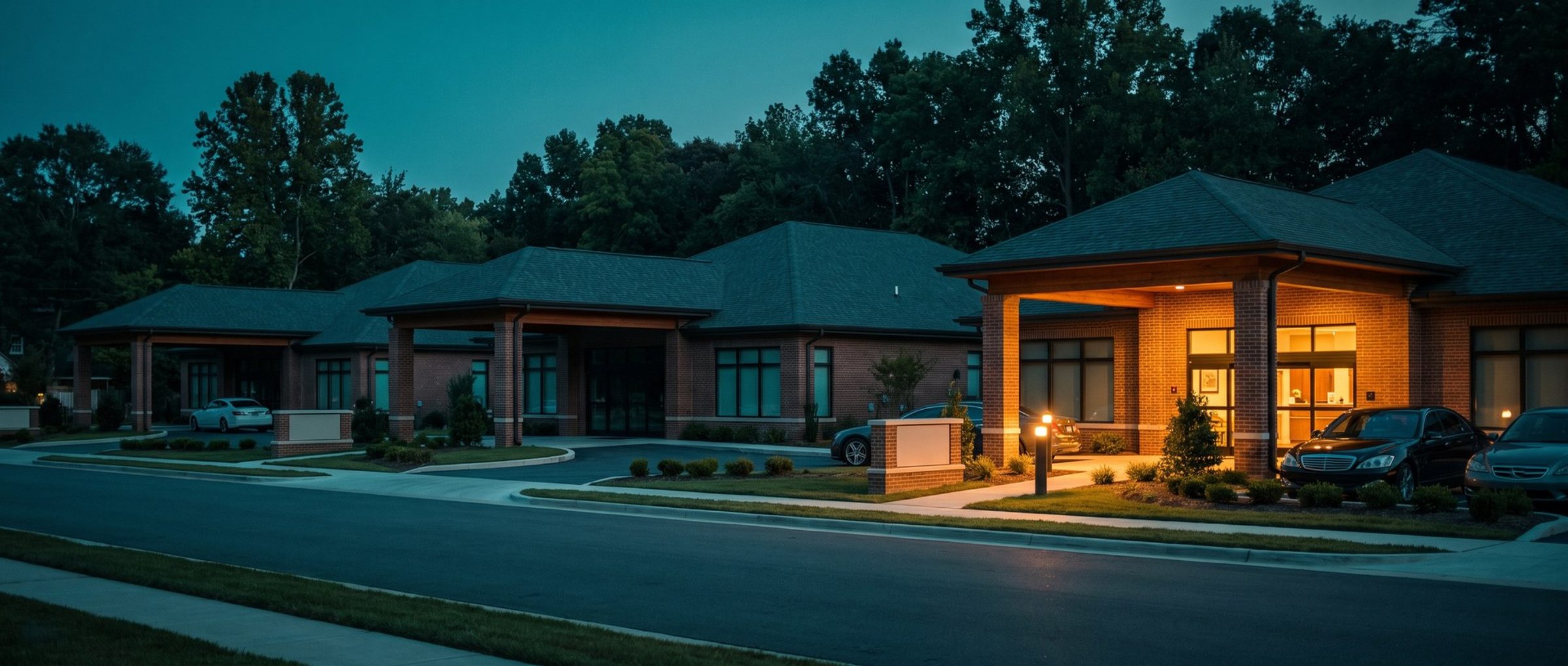 Three single-story brick nursing home entrances in a row along a tree-lined street at dusk: two sit dim in cool twilight while the one on the right glows warm, its covered entrance, lobby windows and walkway lamps lit