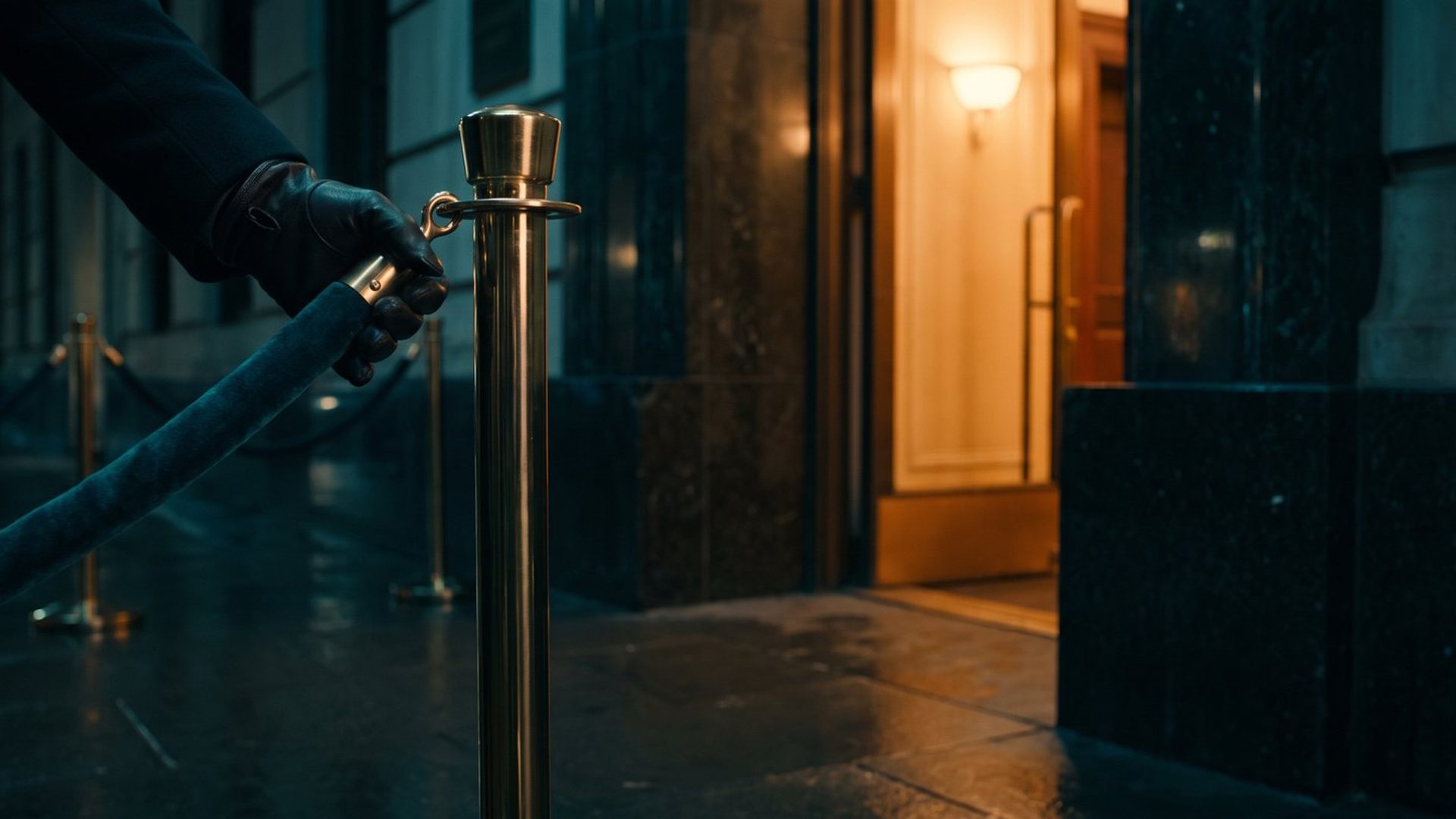 A gloved hand unhooking a velvet rope from a stanchion and holding it aside at a lit entrance