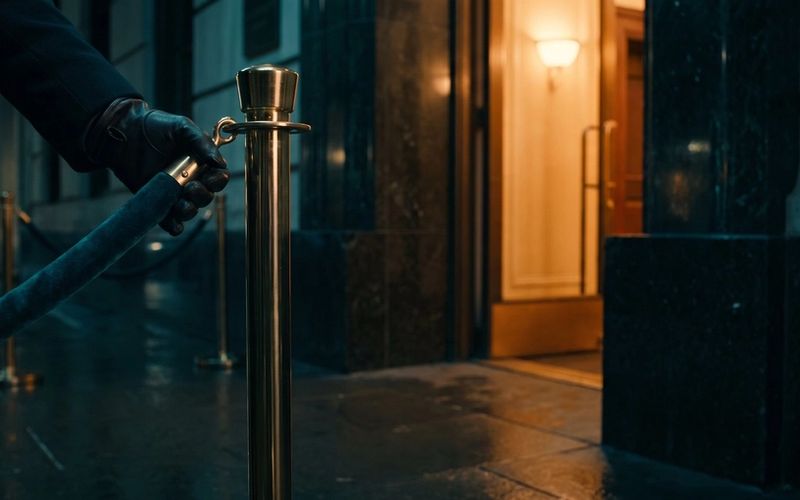 A gloved hand unhooking a velvet rope from a stanchion and holding it aside at a lit entrance