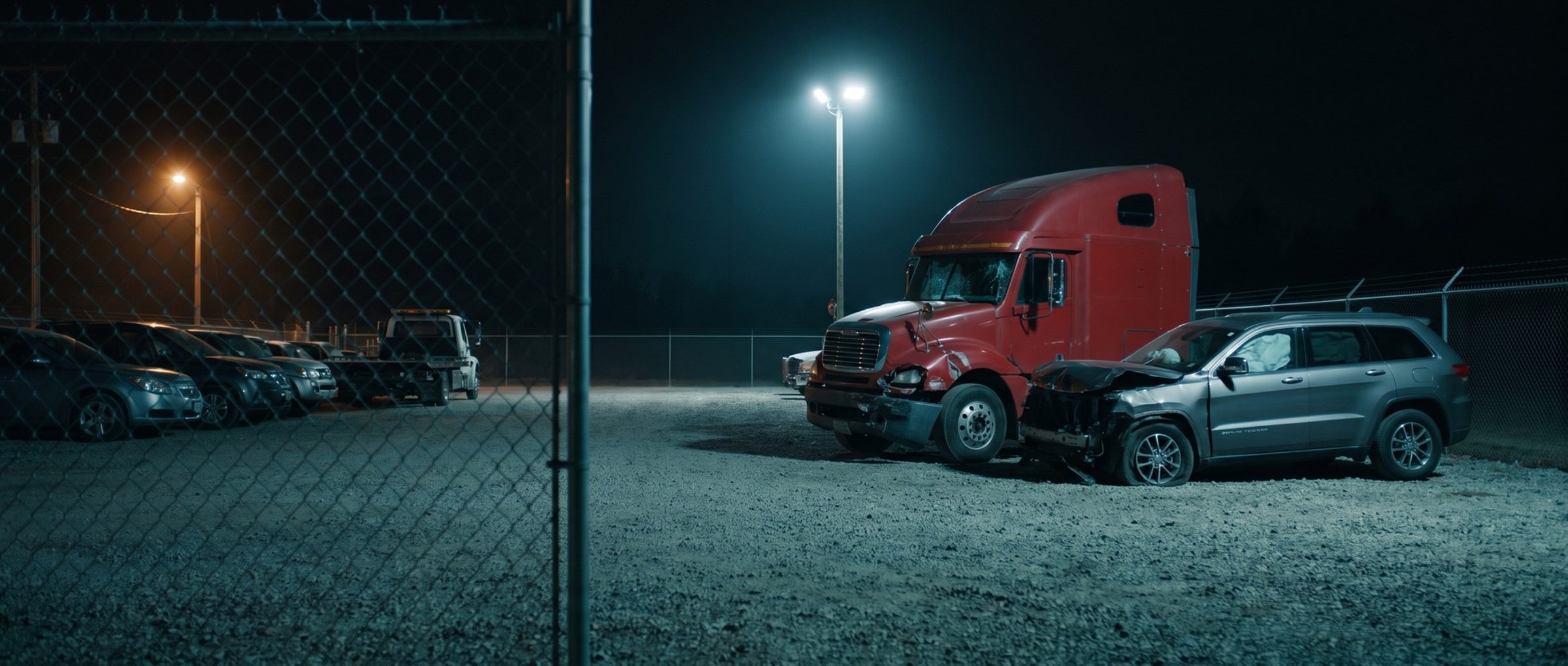 A tow yard at night seen from the end of a chain-link fence: a red semi truck cab with a cracked windshield and torn bumper parked beside a gray SUV crushed at the front, under a floodlight