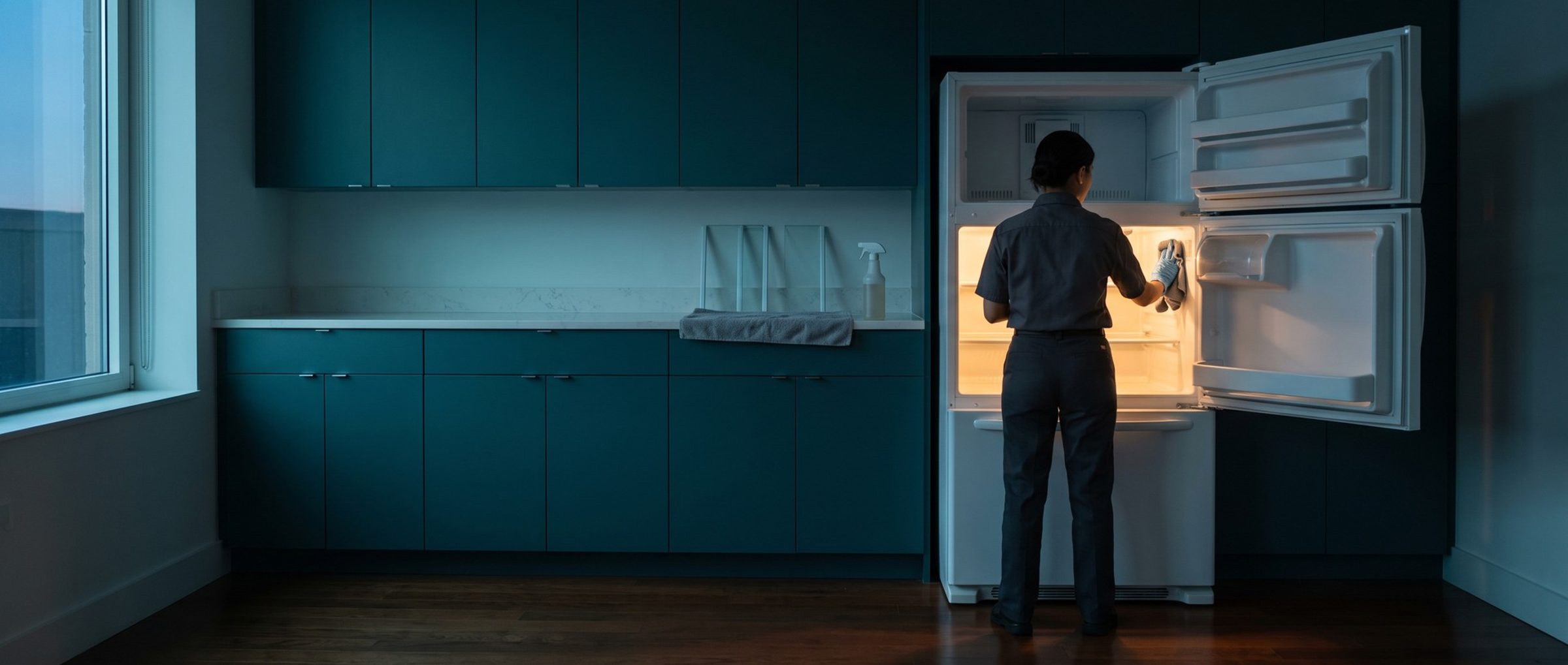 A house cleaner seen from behind wiping out an empty, open refrigerator in a vacated kitchen at dusk, the fridge's glass shelves drying on the counter