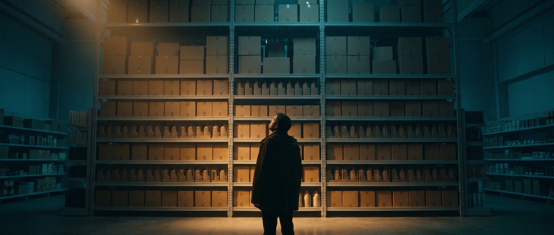 A lone shopper standing in front of a vast wall of identical unmarked stock, looking up at it