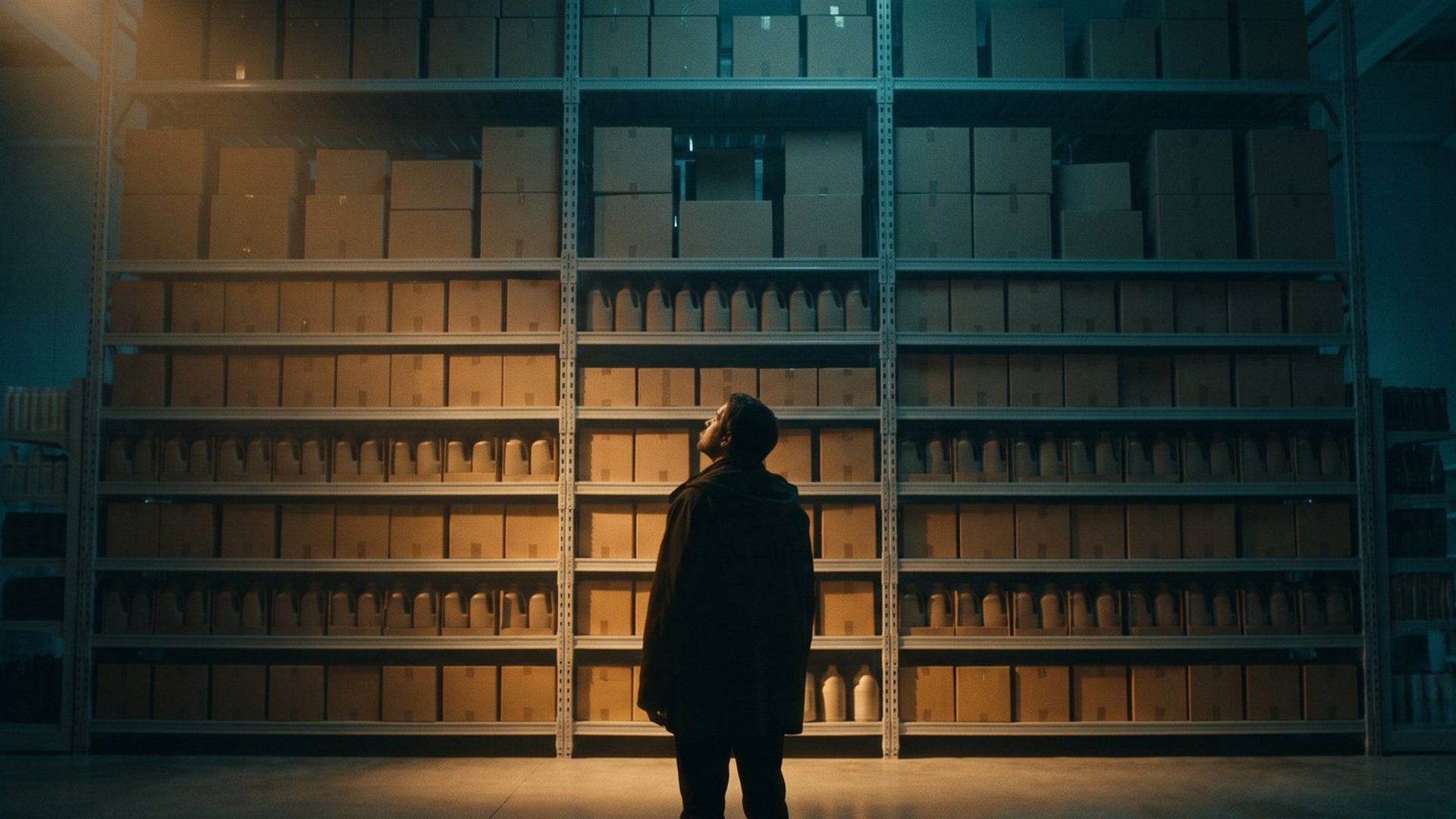 A lone shopper standing in front of a vast wall of identical unmarked stock, looking up at it
