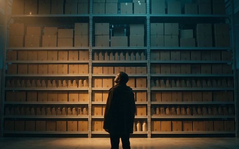 A lone shopper standing in front of a vast wall of identical unmarked stock, looking up at it