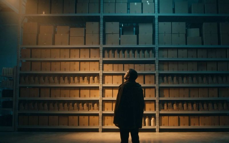 A lone shopper standing in front of a vast wall of identical unmarked stock, looking up at it