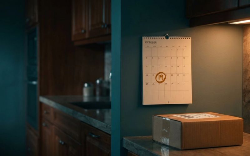 A paper October wall calendar in a dim kitchen with the 19 circled in amber marker, above a taped cardboard shipping box with a small label on the counter