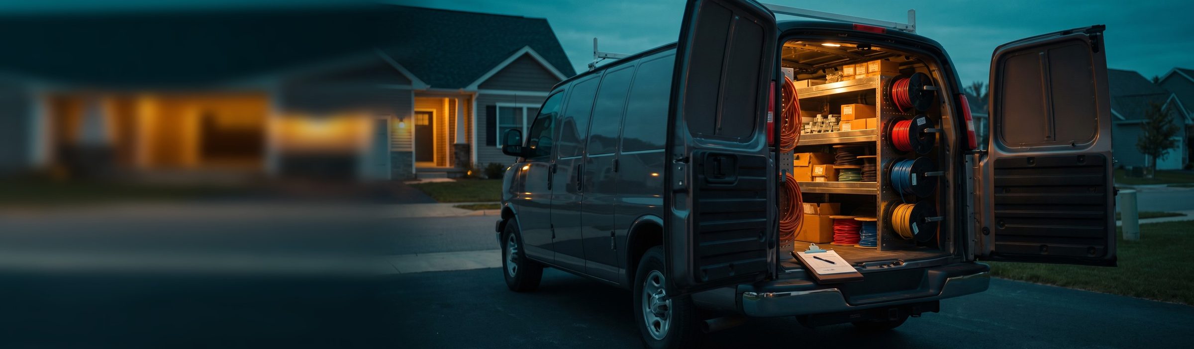 An electrician's gray work van parked in a suburban driveway at dusk with its rear doors open on shelves of colored wire spools, a clipboard with a signed work order on the bumper