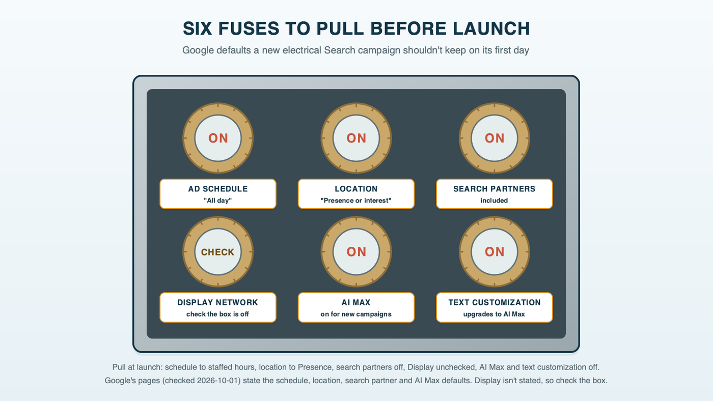 An old screw-in fuse panel with six fuses, each one a Google default to pull before launch: the all-day schedule, presence or interest, search partners, AI Max and text customization showing on in their windows, and the Display Network marked as one to check