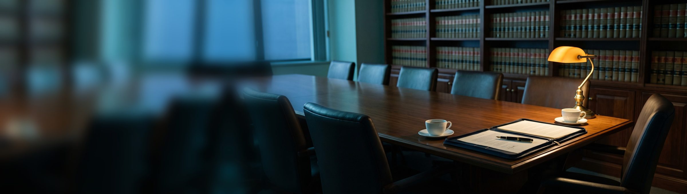 A law firm conference room at dusk: an open navy leather folio holding a signed agreement with a black and gold pen across it, two coffee cups and a brass banker's lamp at the end of a long walnut table, walls of law books behind