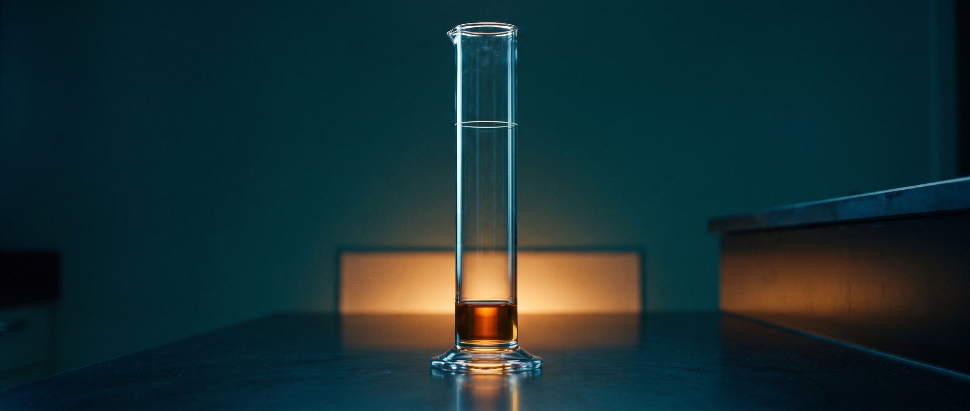 A tall glass measuring cylinder holding only a shallow amount of amber liquid, far below the etched fill line