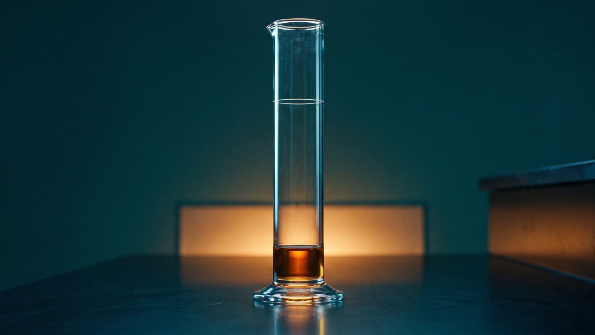 A tall glass measuring cylinder holding only a shallow amount of amber liquid, far below the etched fill line
