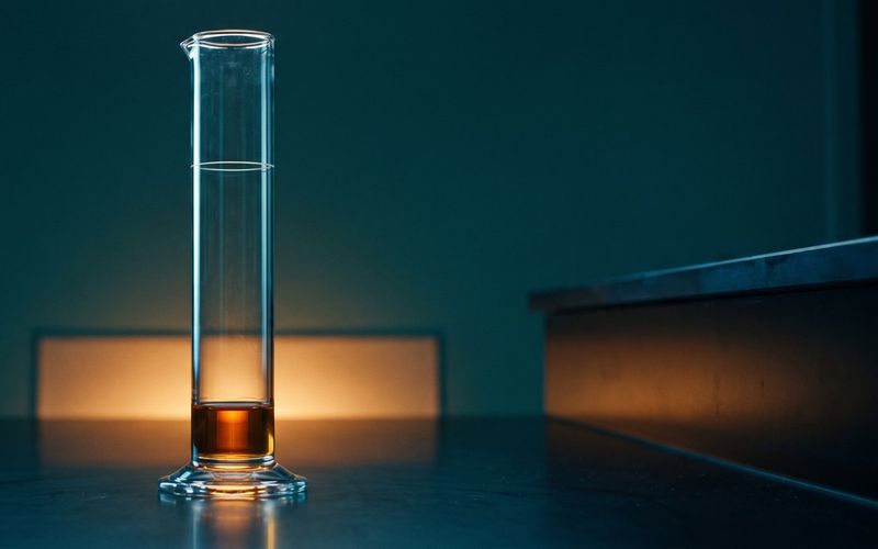 A tall glass measuring cylinder holding only a shallow amount of amber liquid, far below the etched fill line