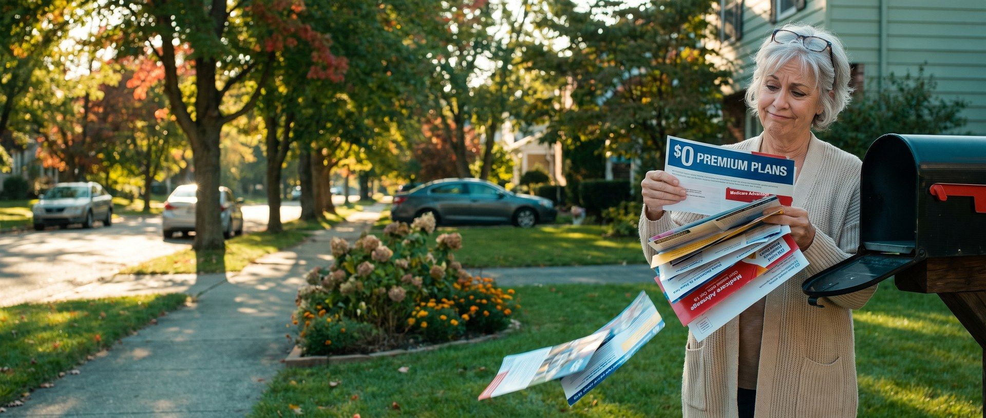 On a sunny fall afternoon, a silver-haired woman at her curbside mailbox holds a thick stack of glossy Medicare mailers, the top one reading $0 PREMIUM PLANS, while two more slip toward the lawn