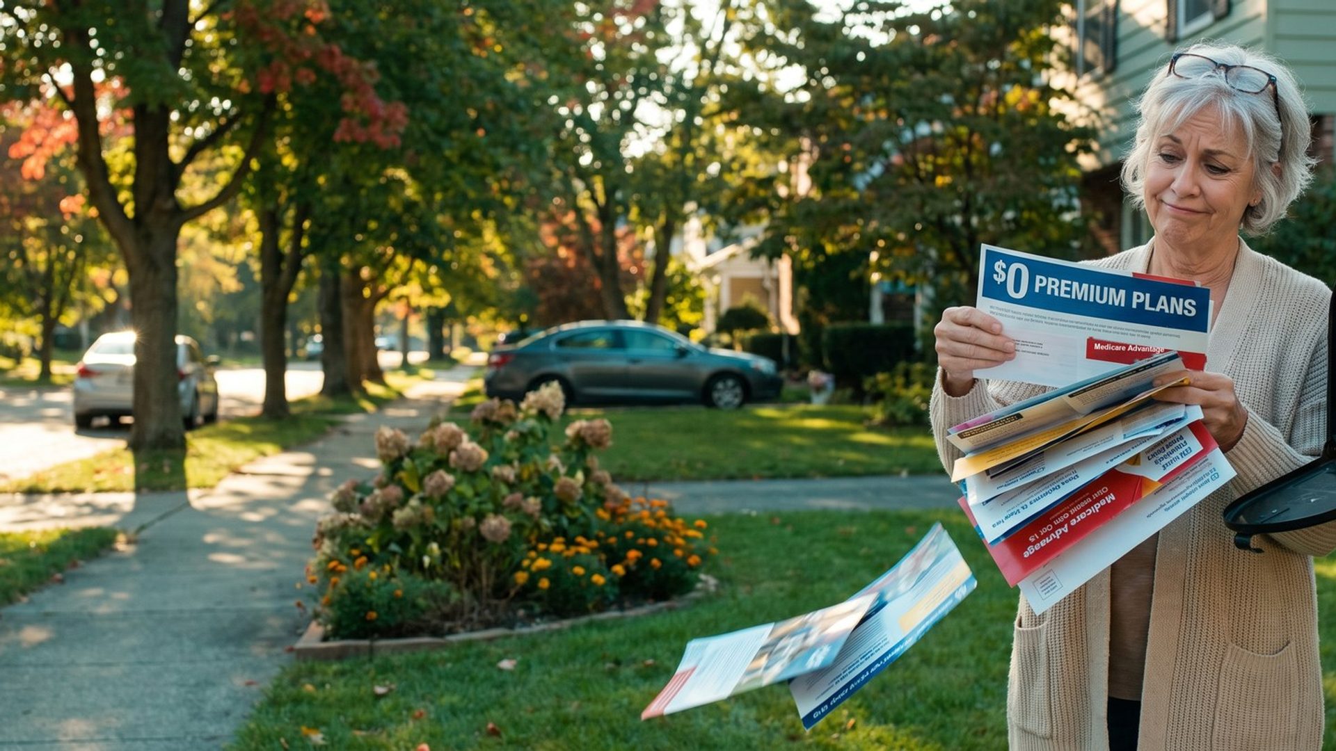 On a sunny fall afternoon, a silver-haired woman at her curbside mailbox holds a thick stack of glossy Medicare mailers, the top one reading $0 PREMIUM PLANS, while two more slip toward the lawn
