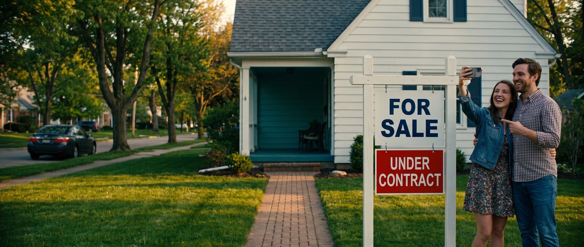 At golden hour on a suburban front lawn, a young couple laughs and takes a selfie beside a real estate sign reading FOR SALE with a red UNDER CONTRACT rider, a white two-story house behind them