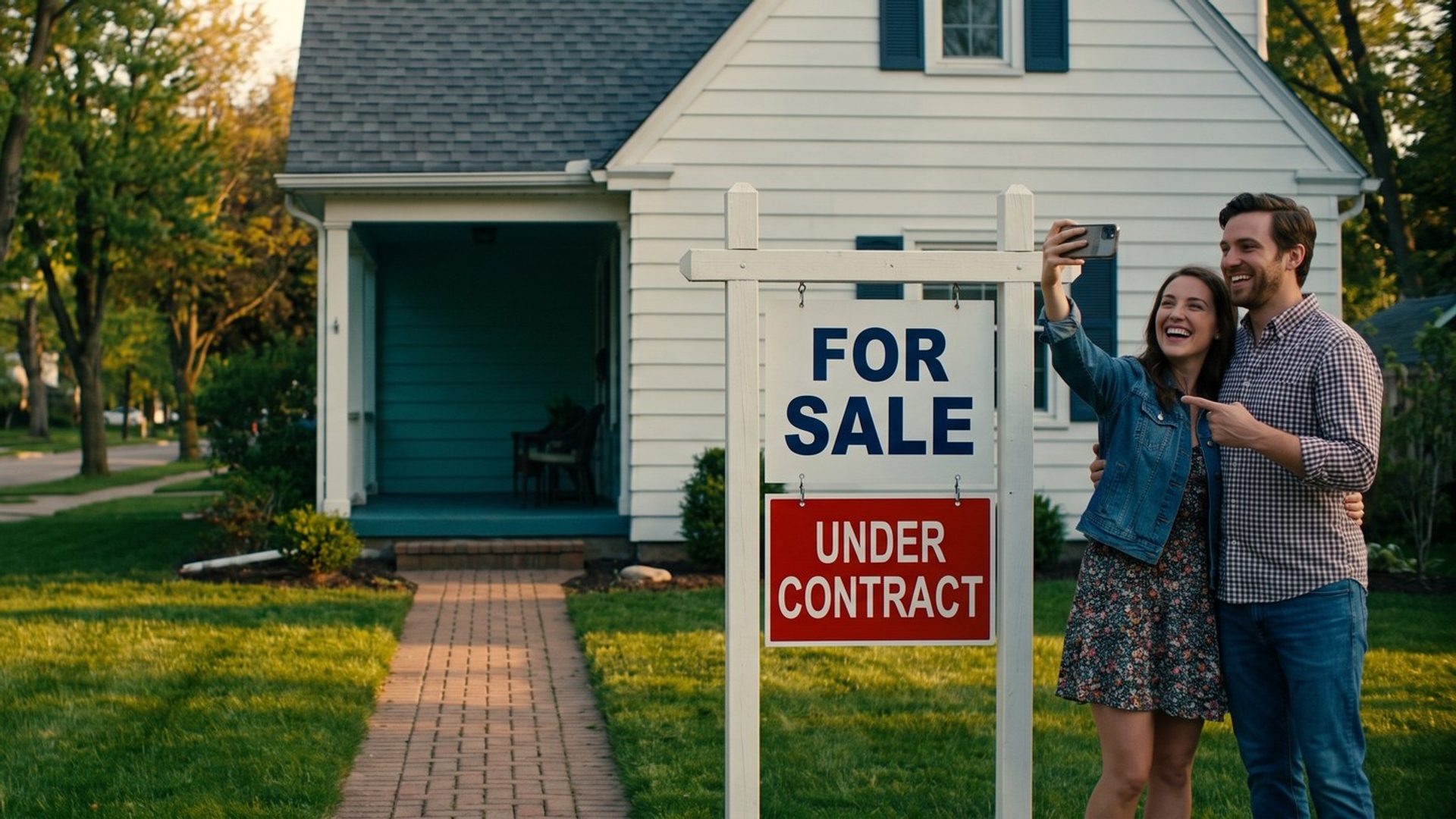 At golden hour on a suburban front lawn, a young couple laughs and takes a selfie beside a real estate sign reading FOR SALE with a red UNDER CONTRACT rider, a white two-story house behind them