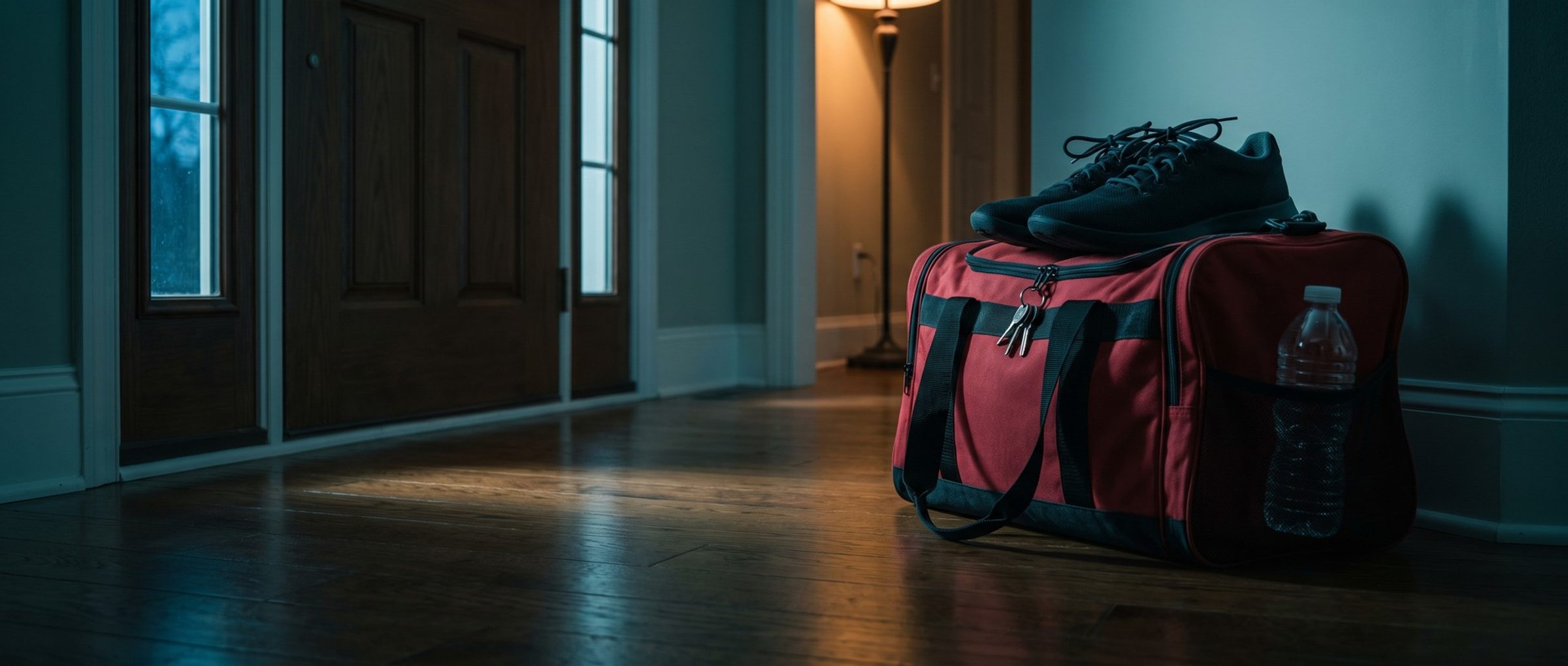 A packed red gym duffel bag waiting on a wooden floor by a front door just before dawn, running shoes tied together on top, car keys hanging from the zipper and a water bottle in the side pocket