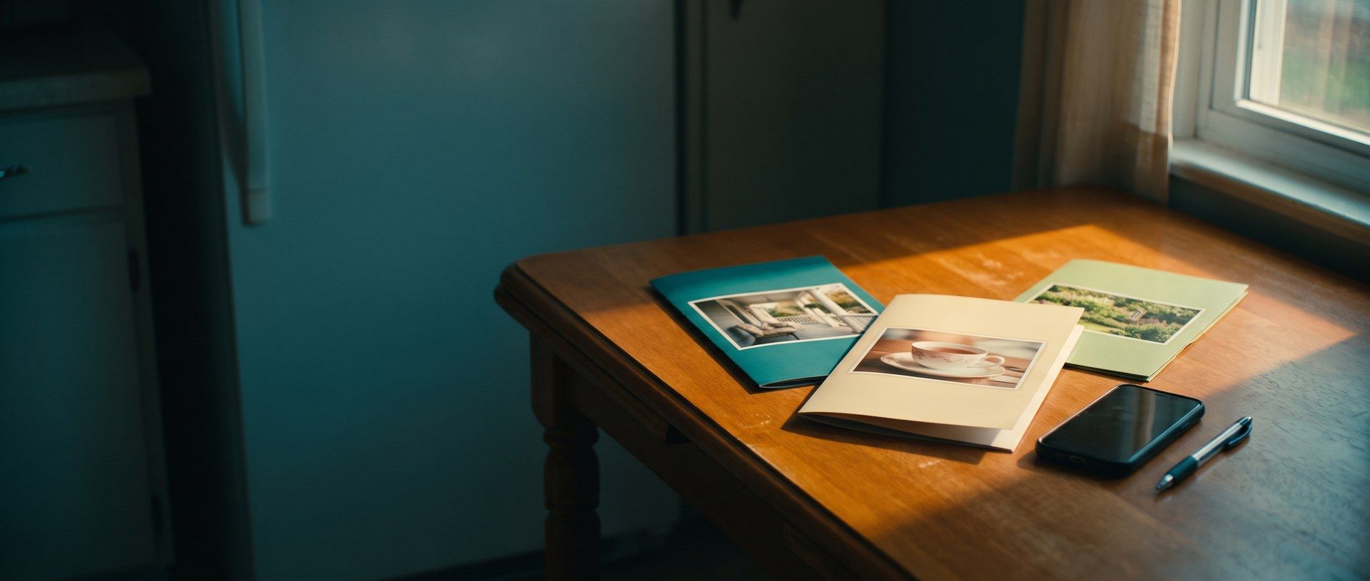 Three home care agency information folders with photo covers fanned on a sunlit kitchen table, the middle one slid ahead of the others, beside a phone and a pen