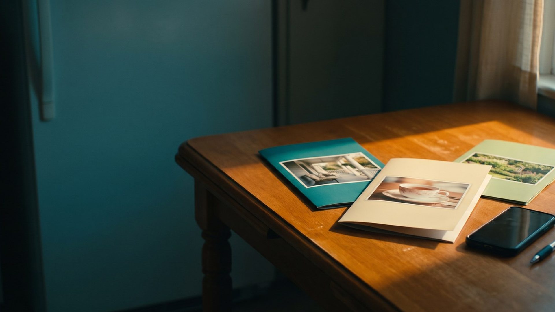 Three home care agency information folders with photo covers fanned on a sunlit kitchen table, the middle one slid ahead of the others, beside a phone and a pen