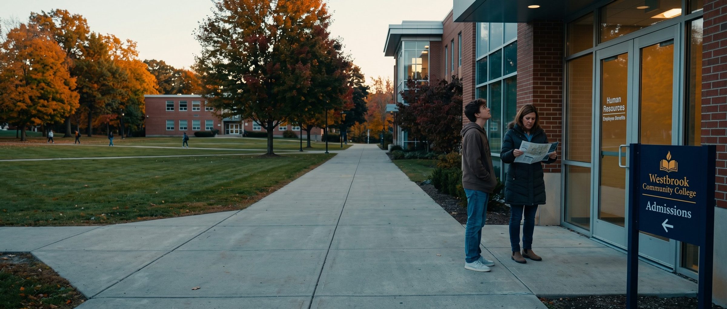 On a community college walkway in fall, a mother studies a campus map and her teenage son looks up at a Human Resources door, while a Westbrook Community College sign beside them points the other way to Admissions