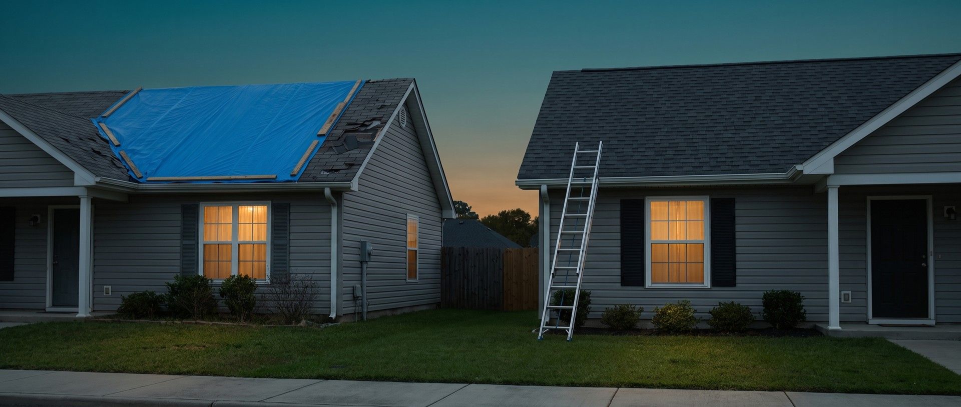 Two neighboring houses at dusk: a hail-damaged roof under a blue tarp weighted with boards on the left, and a brand-new charcoal roof with an aluminum ladder against its gutter on the right