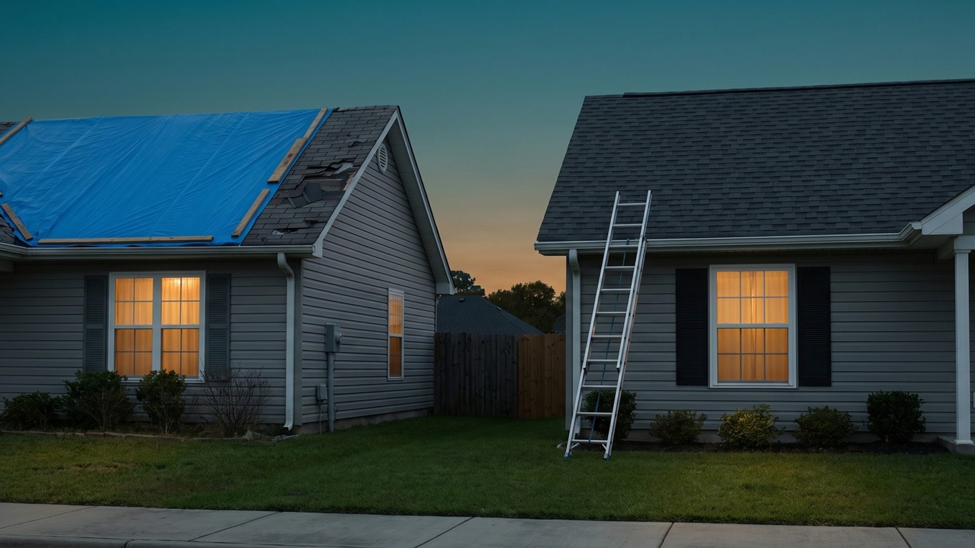 Two neighboring houses at dusk: a hail-damaged roof under a blue tarp weighted with boards on the left, and a brand-new charcoal roof with an aluminum ladder against its gutter on the right