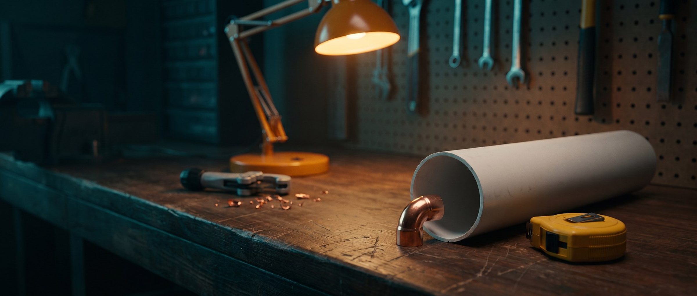 A plumber's workbench at night under an amber lamp, with a small copper elbow fitting resting against the open end of a much wider white PVC drain pipe it can't connect to, and a yellow tape measure beside them
