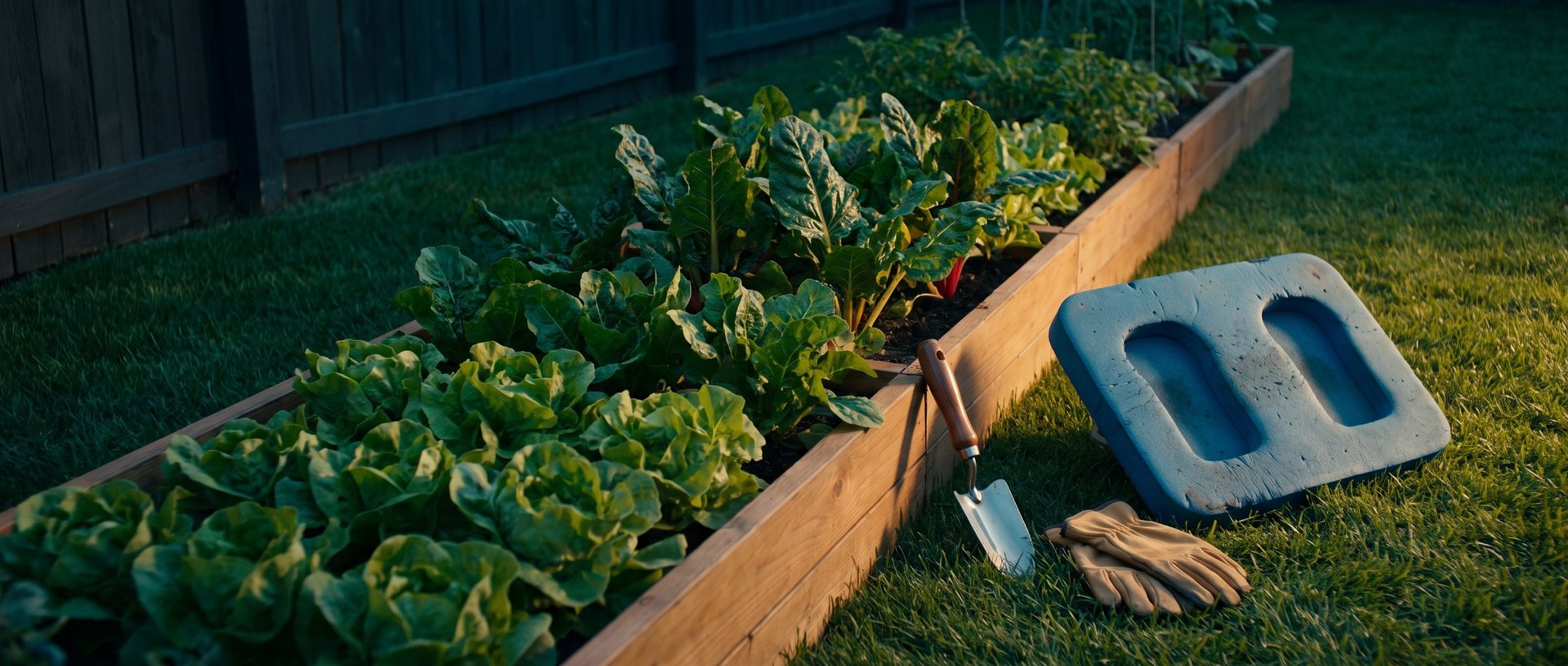 A worn blue foam kneeling pad with two knee dents, a hand trowel and canvas gardening gloves on the grass at the end of a raised vegetable bed in late afternoon light