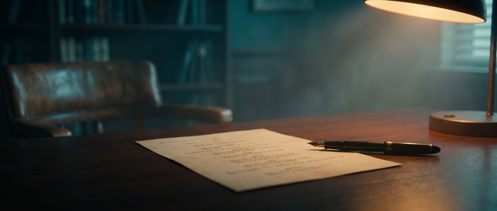 A written page and a fountain pen on a dark desk under a lit lamp, an empty chair behind