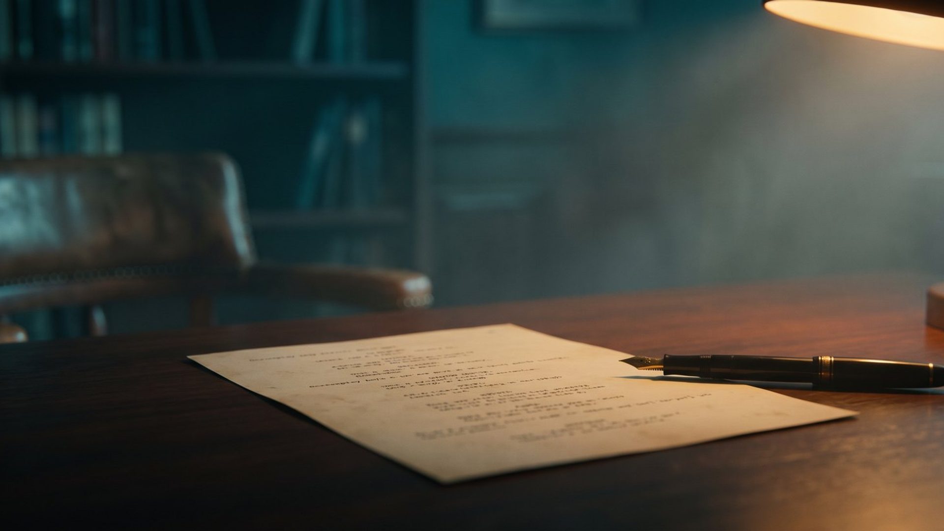A written page and a fountain pen on a dark desk under a lit lamp, an empty chair behind