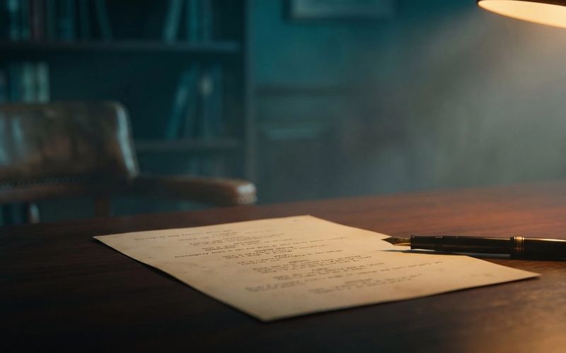 A written page and a fountain pen on a dark desk under a lit lamp, an empty chair behind