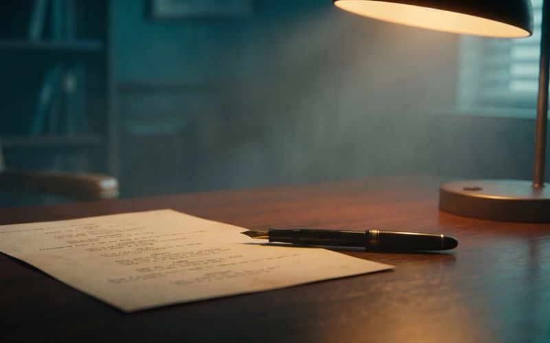 A written page and a fountain pen on a dark desk under a lit lamp, an empty chair behind