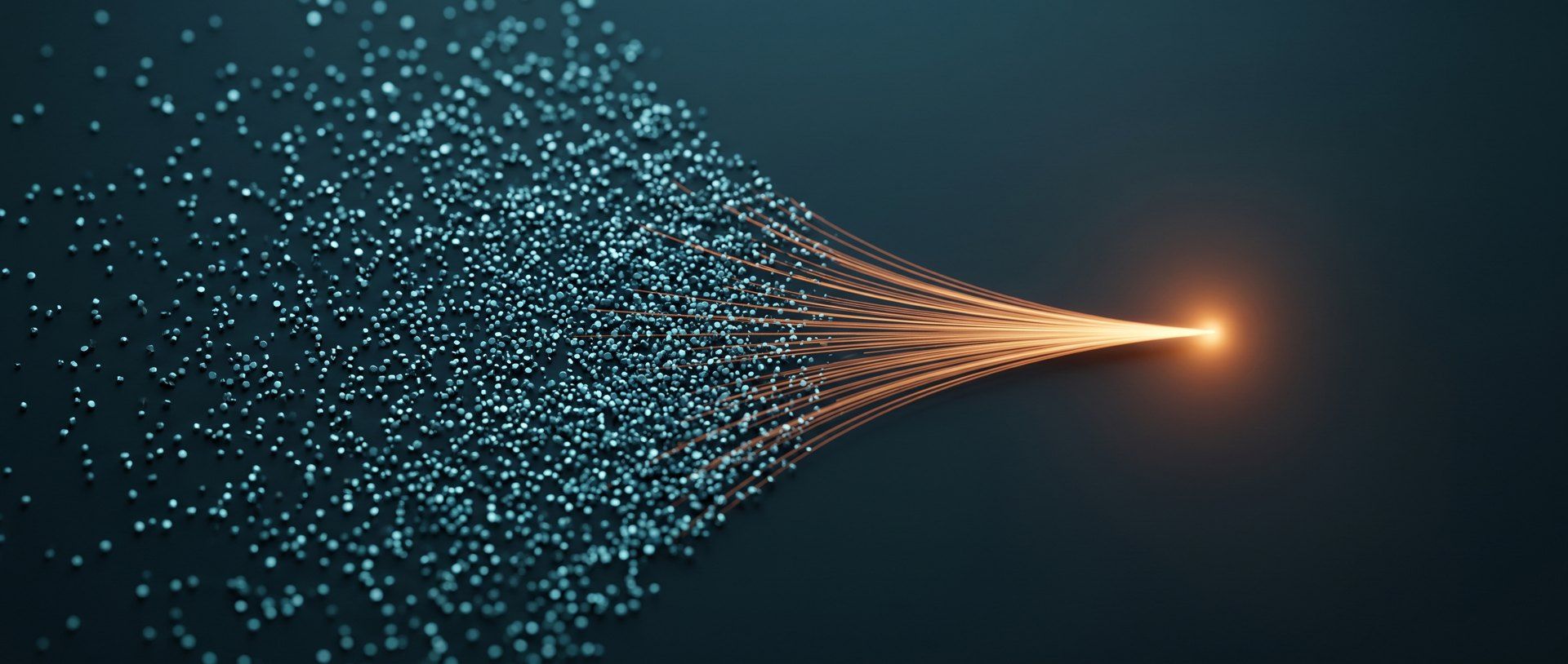 Thousands of scattered cool blue particles on the left sweep into a single focused stream that converges on one glowing warm amber point on the right.