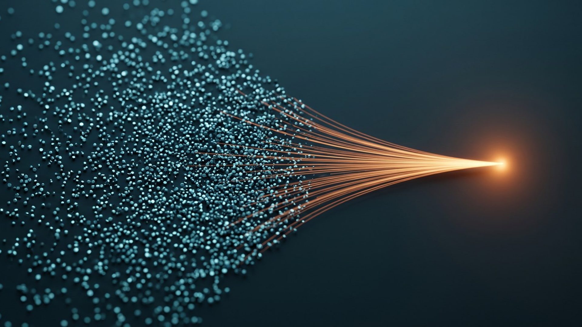 Thousands of scattered cool blue particles on the left sweep into a single focused stream that converges on one glowing warm amber point on the right.