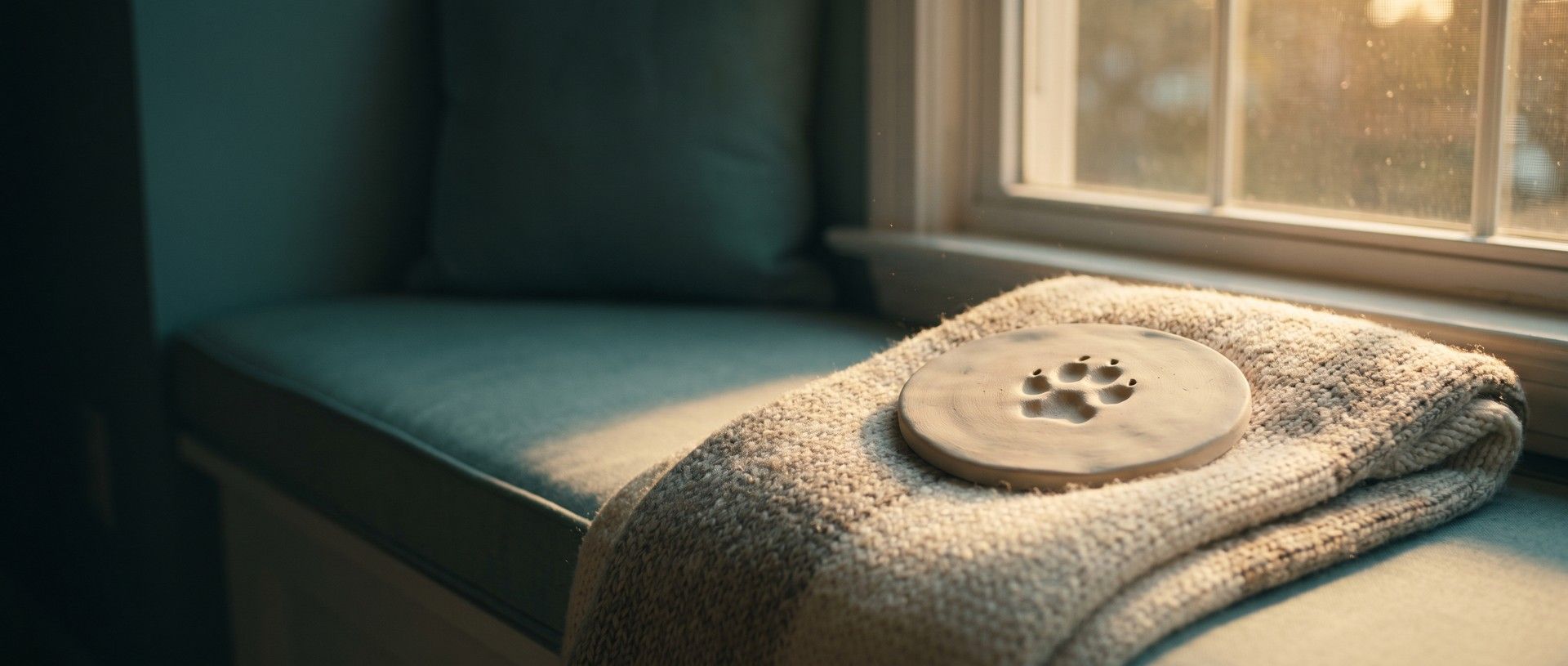 A round clay pawprint keepsake resting on a folded knitted blanket on a sunlit window seat in late afternoon