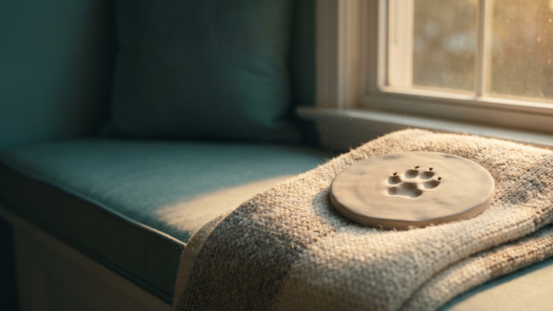 A round clay pawprint keepsake resting on a folded knitted blanket on a sunlit window seat in late afternoon