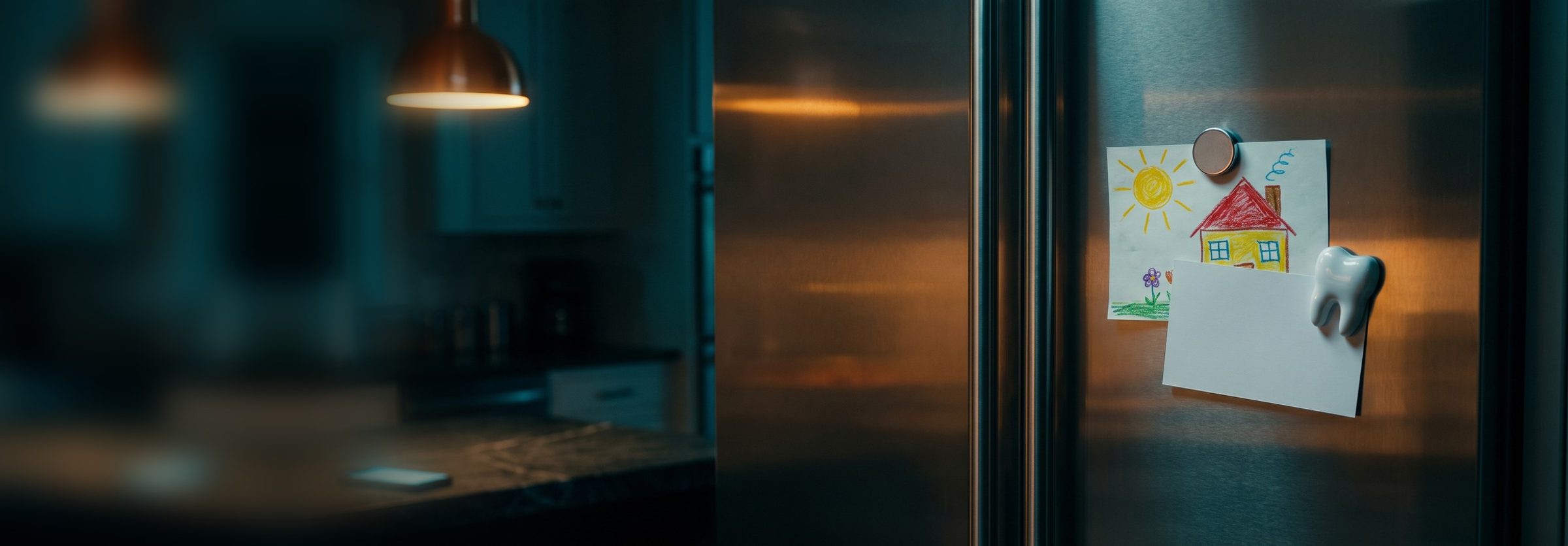 A stainless refrigerator door in a dim kitchen at night, with a child's crayon drawing of a sun and a house and a blank appointment card held up by a white tooth-shaped magnet, and a phone glowing on the counter nearby