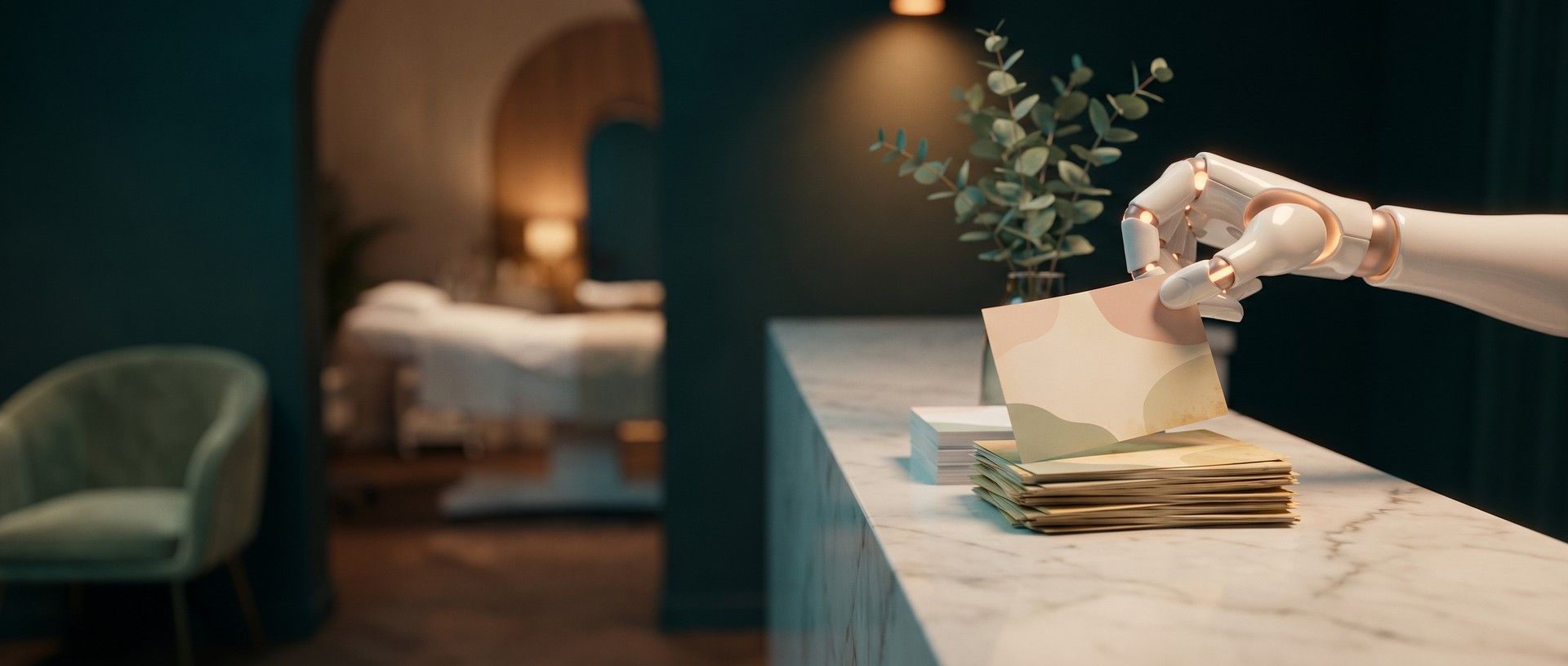A sleek white robotic hand lifting one promo card off a stack on a med spa's marble counter, a treatment room softly lit through an arched doorway behind