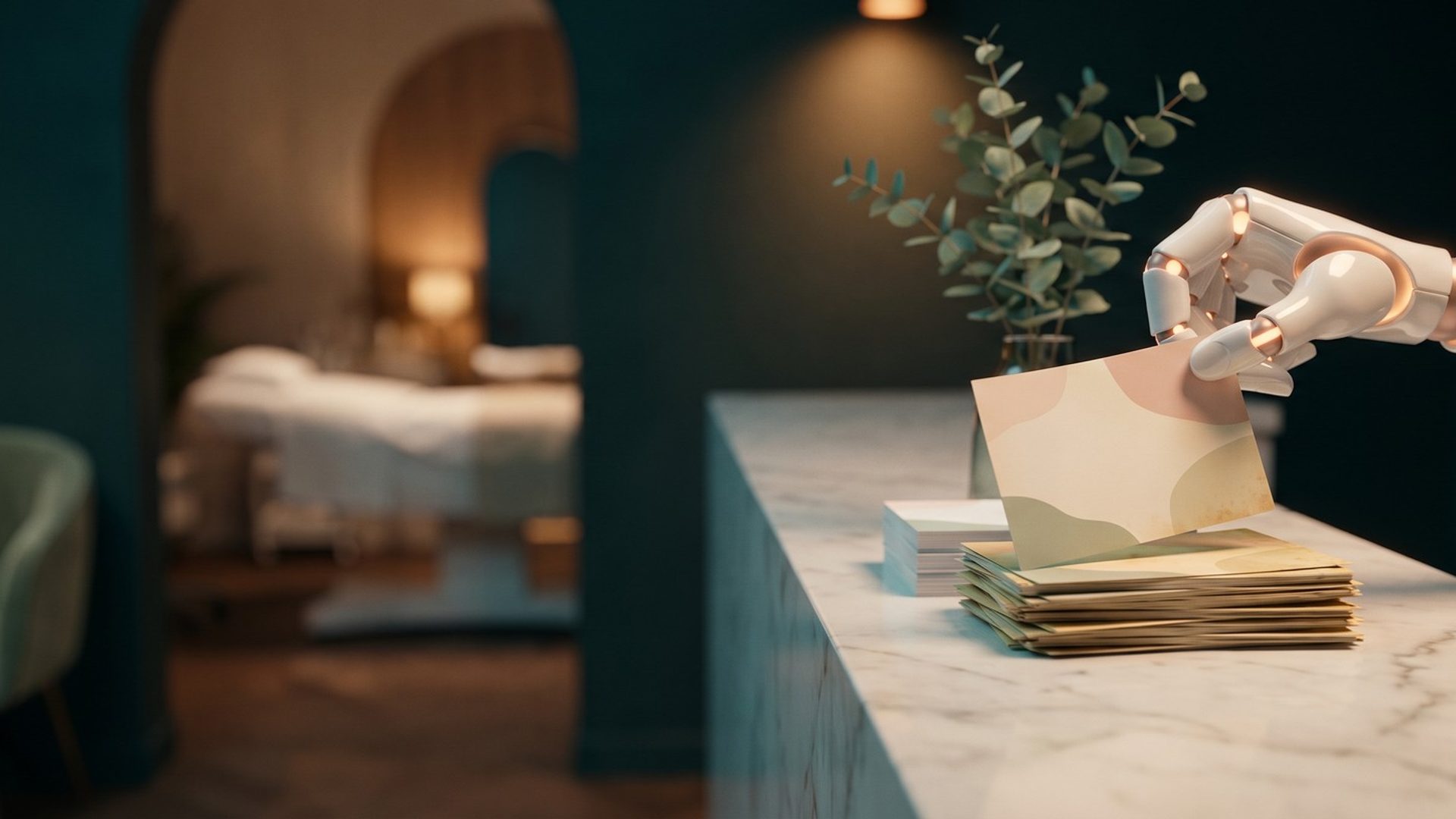 A sleek white robotic hand lifting one promo card off a stack on a med spa's marble counter, a treatment room softly lit through an arched doorway behind