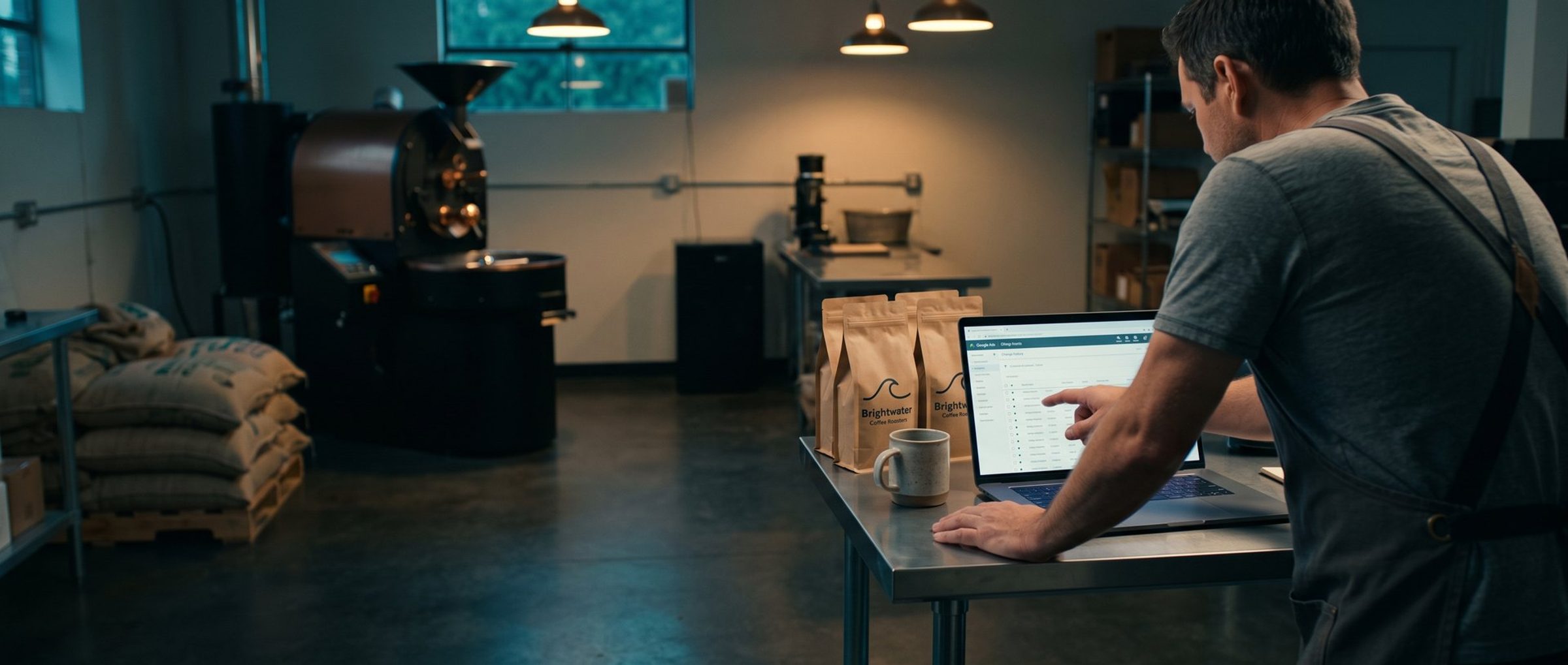 The owner of a small coffee roasting business leans over a laptop at a steel counter, pointing at one row of his Google Ads change history, with branded coffee bags beside him and the roaster in soft focus behind