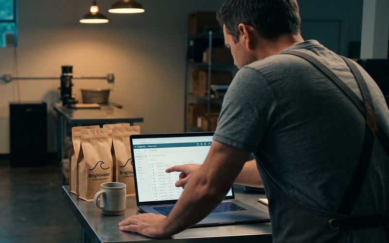 The owner of a small coffee roasting business leans over a laptop at a steel counter, pointing at one row of his Google Ads change history, with branded coffee bags beside him and the roaster in soft focus behind