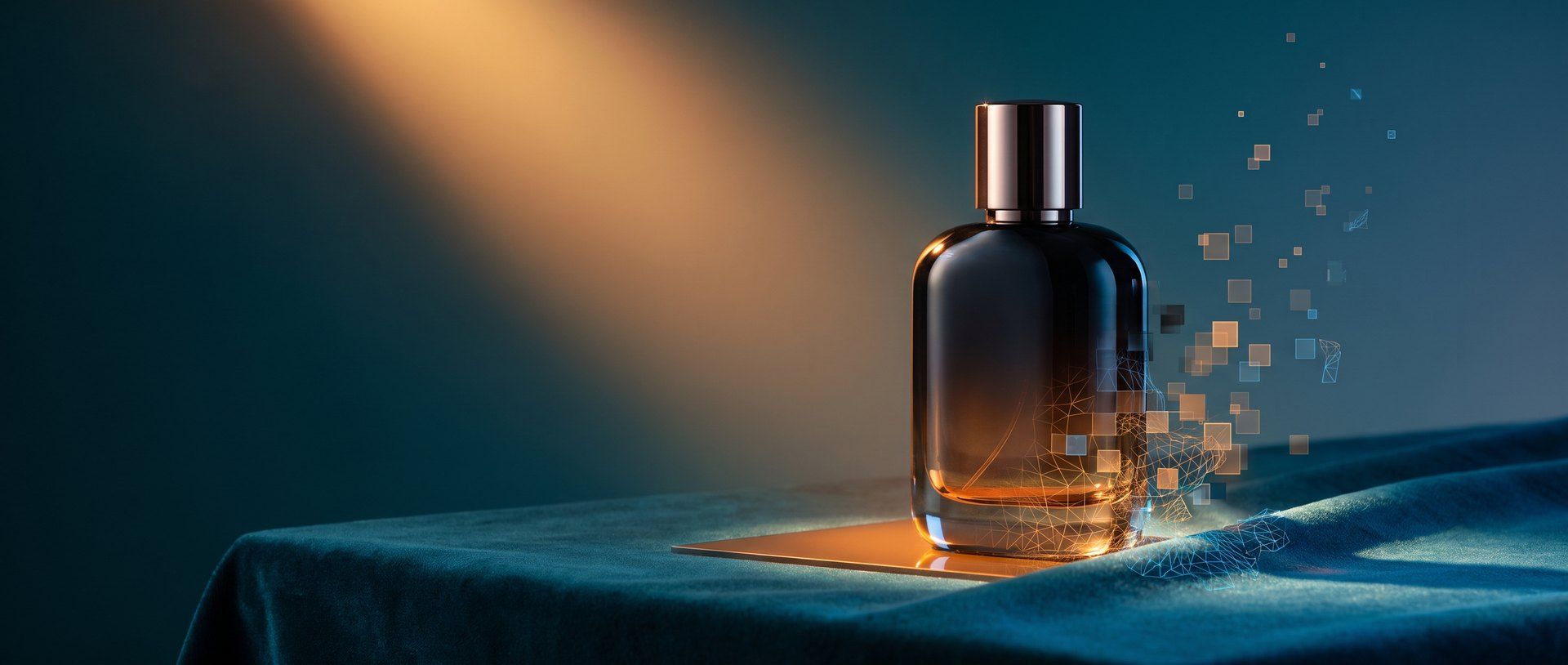 A flawless, premium product photo of a bottle under warm light, dissolving into floating pixels at one edge -- an AI-generated product image that looks real but is not quite.