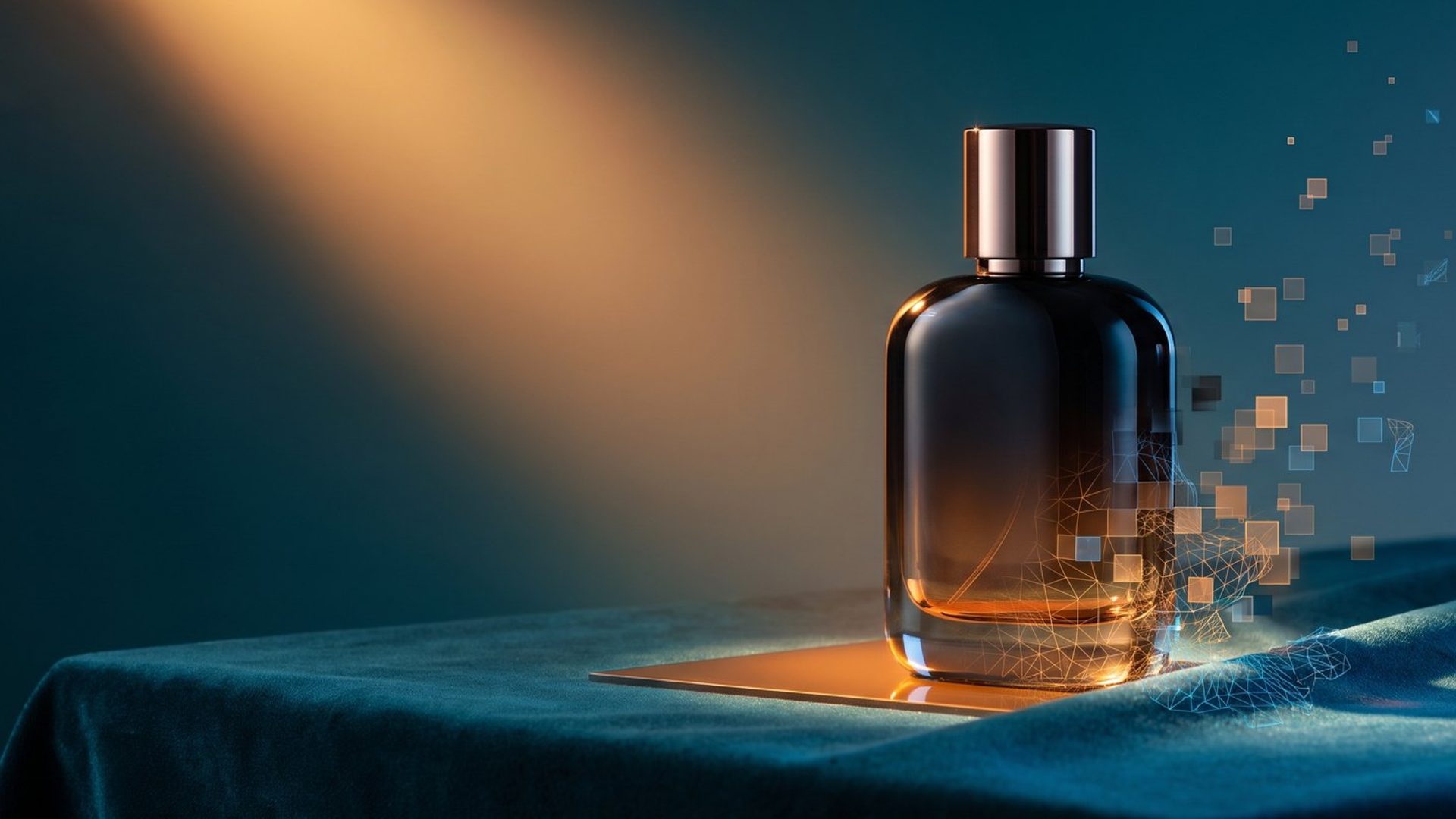 A flawless, premium product photo of a bottle under warm light, dissolving into floating pixels at one edge -- an AI-generated product image that looks real but is not quite.